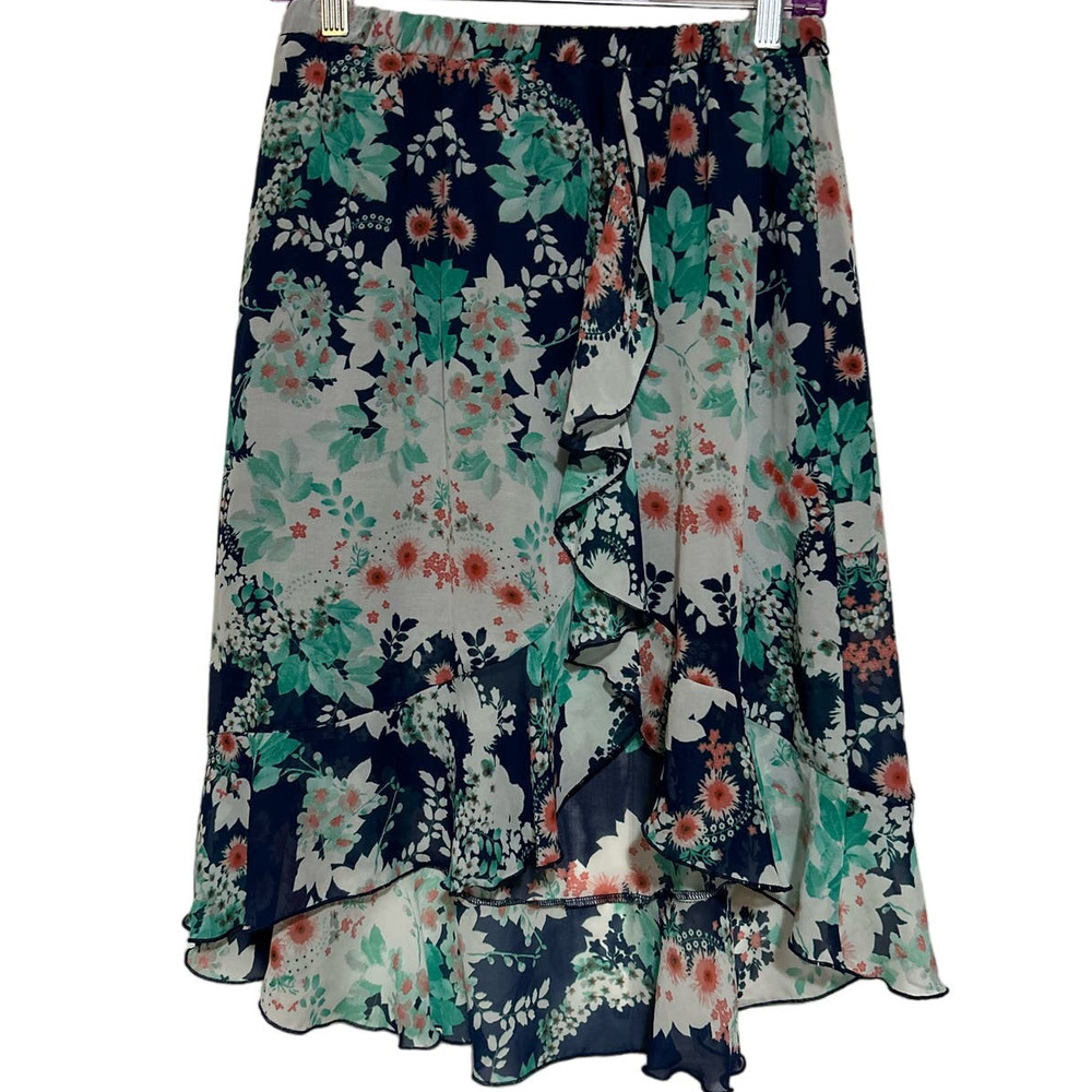 By & By Women's Blue Floral High Low Ruffed Front Skirt Elastic Waist‎ Size L